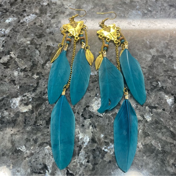 ⭕️BOGO FREE⭕️ Blue boho earrings with gold triangles and feathers / NWOT - Picture 3 of 6